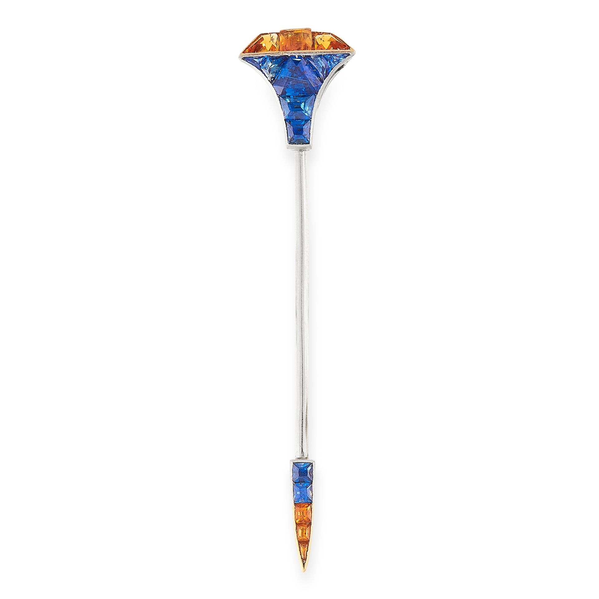 AN ART DECO BLUE AND YELLOW SAPPHIRE STICK PIN / BROOCH, CARTIER in yellow gold and platinum, set at