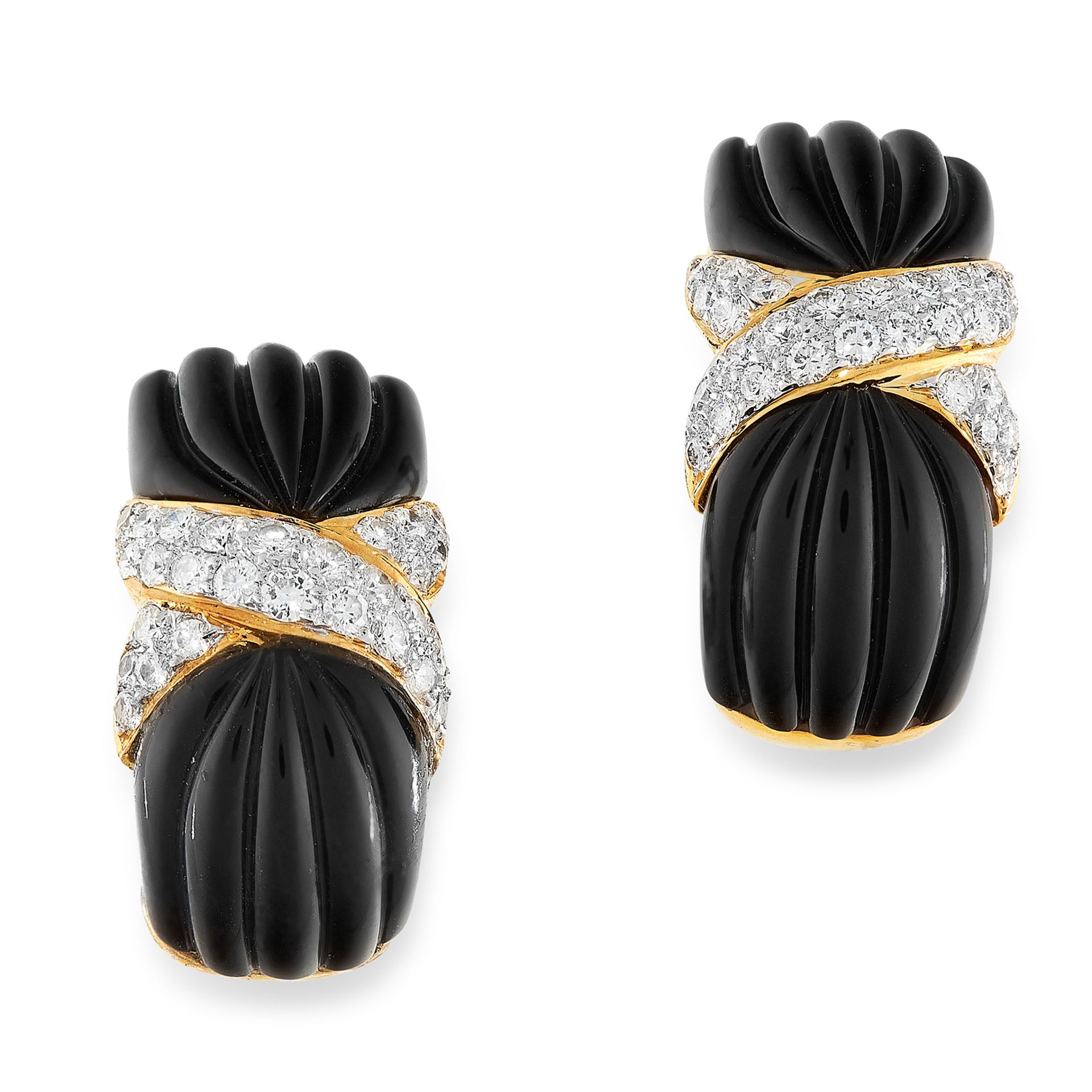 A PAIR OF VINTAGE ONYX AND DIAMOND CLIP EARRINGS in 18ct yellow gold, each designed as a half hoop