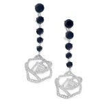 A PAIR OF DIAMOND AND SAPPHIRE DROP EARRINGS, GAVELLO in 18ct white gold, each designed as a