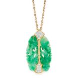 A JADE AND DIAMOND PENDANT in 18ct yellow gold, comprising of a carved piece of jade set with
