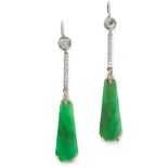 A PAIR OF JADEITE JADE AND DIAMOND EARRINGS, EARLY 20TH CENTURY in 14ct yellow gold, each set with a