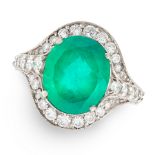 AN EMERALD AND DIAMOND CLUSTER RING in 18ct white gold, set with an oval cut emerald of 6.64