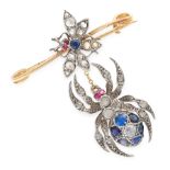 AN ANTIQUE DIAMOND, SAPPHIRE, RUBY AND PEARL INSECT BROOCH, 19TH CENTURY in yellow gold and