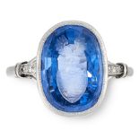 A CEYLON NO HEAT SAPPHIRE INTAGLIO AND DIAMOND SEAL RING set with a cushion shaped mixed cut