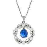 A CEYLON NO HEAT SAPPHIRE AND DIAMOND PENDANT set with a cushion cut blue sapphire of 3.01 carats