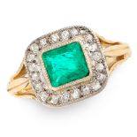 AN EMERALD AND DIAMOND DRESS RING in 18ct yellow gold, set with an emerald cut emerald within a