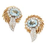 A PAIR OF VINTAGE AQUAMARINE AND DIAMOND EARRINGS in 18ct yellow gold, each set with an oval cut