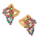 A PAIR OF RUBY, DIAMOND, EMERALD AND SAPPHIRE EARRINGS, BOUCHERON in 18ct yellow gold, the