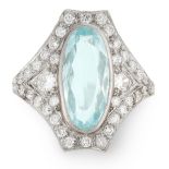 AN AQUAMARINE AND DIAMOND DRESS RING set with an oval cut aquamarine of 3.18 carats in a border of