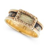 AN ANTIQUE ENAMEL HAIRWORK MORNING RING in 18ct yellow gold, set with decorated enamel and a