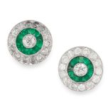 A PAIR OF EMERALD AND DIAMOND STUD EARRINGS of target design, each set at the centre with a round