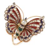 AN ANTIQUE DIAMOND AND ENAMEL BUTTERFLY CLIP BROOCH in yellow gold, designed as a butterfly, its
