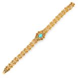 AN ANTIQUE TURQUOISE FANCY LINK BRACELET, CIRCA 1900 in yellow gold, set with a central diamond