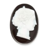 AN ANTIQUE CAMEO carved from hardstone, depicting the bust of a classical lady adorned with