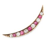 AN ANTIQUE RUBY AND DIAMOND CRESCENT BROOCH, 19TH CENTURY in yellow gold, in the form of a