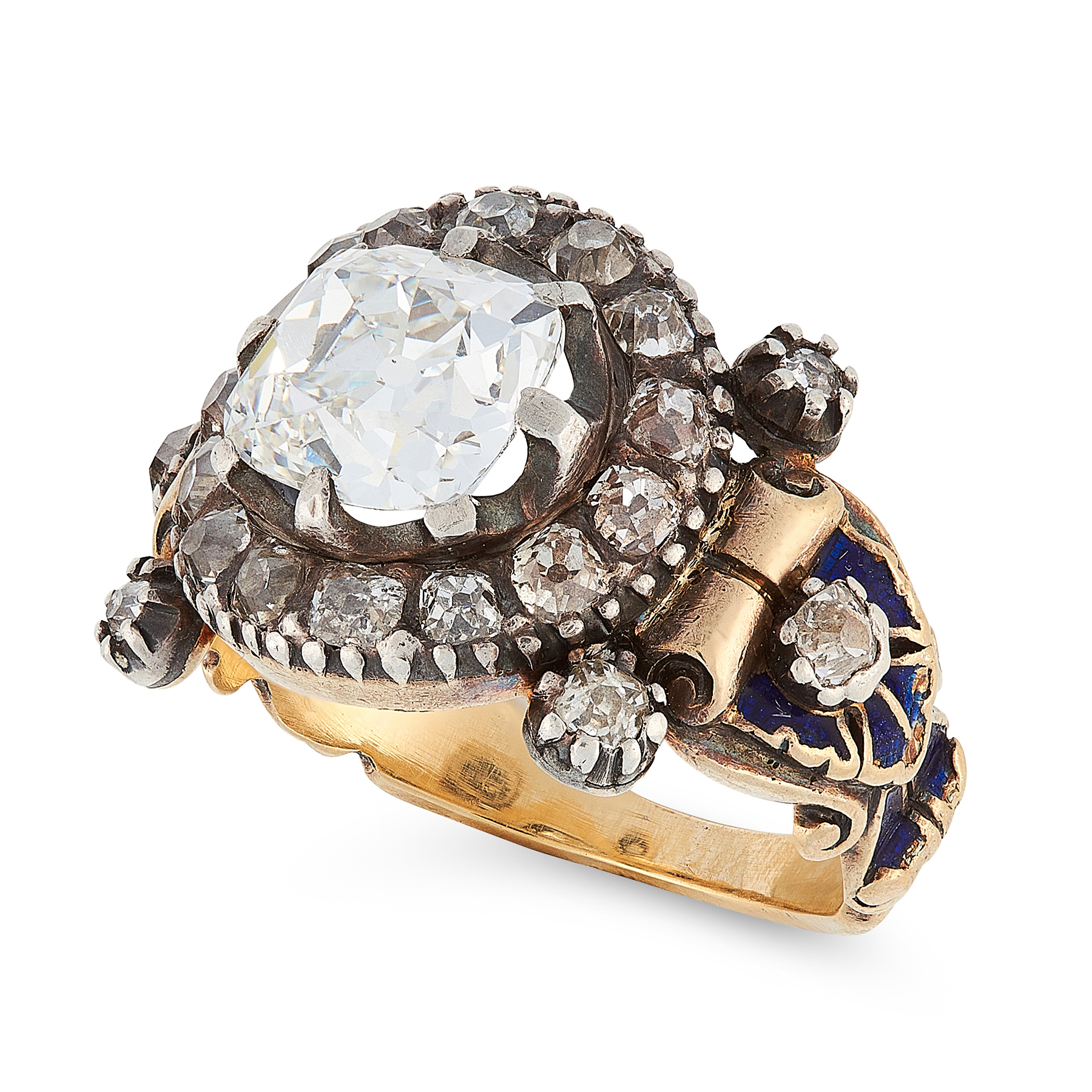 AN ANTIQUE DIAMOND AND ENAMEL RING, 19TH CENTURY in high carat yellow gold and silver, set with an - Image 2 of 2