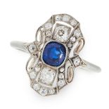 AN ART DECO SAPPHIRE AND DIAMOND RING, EARLY 20TH CENTURY set with a cushion cut blue sapphire of