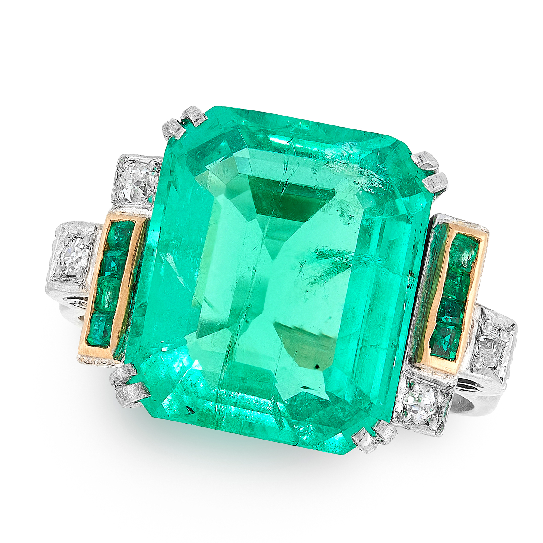 A COLOMBIAN EMERALD AND DIAMOND RING in 18ct white gold, set with an emerald cut emerald of accented