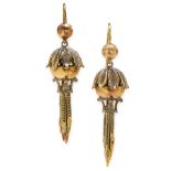 A PAIR OF ANTIQUE DROP EARRINGS, 19TH CENTURY in yellow gold, each formed of a circular motif with