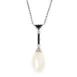 A NATURAL PEARL, ONYX AND DIAMOND PENDANT NECKLACE set with a drop shaped natural pearl of 12.0mm,