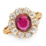 AN ANTIQUE RUBY AND DIAMOND DRESS RING in high carat yellow gold, set with an oval cut ruby of 2.