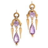 A PAIR OF ANTIQUE AMETHYST AND PEARL EARRINGS, 19TH CENTURY in yellow gold, each suspending a pear