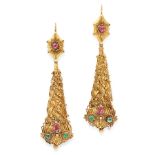 A PAIR OF ANTIQUE RUBY AND EMERALD EARRINGS, 19TH CENTURY in yellow gold, the tapering articulated