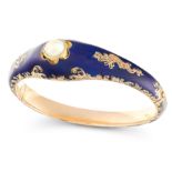 AN ANTIQUE PEARL AND ENAMEL MOURNING LOCKET BANGLE, 19TH CENTURY in high carat yellow gold, the