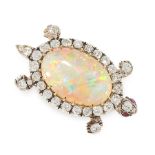 AN OPAL, DIAMOND AND RUBY TURTLE BROOCH in yellow gold and silver, designed as a turtle, its shell
