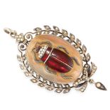 A GARNET AND PEARL BEETLE PENDANT in silver, depicting a beetle with cabochon garnet body and seed