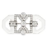 AN ART DECO ROCK CRYSTAL, DIAMOND AND ENAMEL BROOCH, CARTIER in platinum, the body formed of a