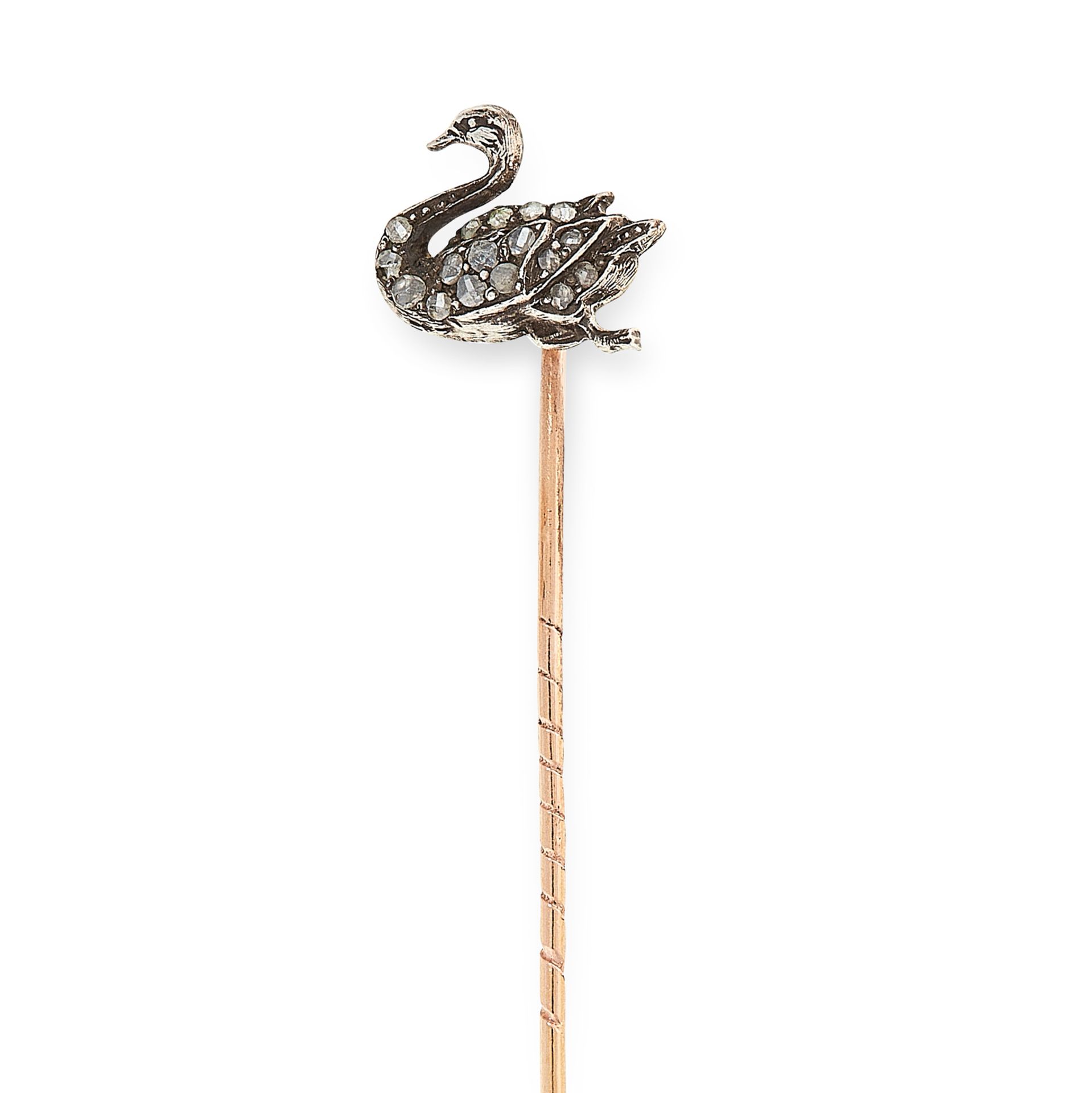 AN ANTIQUE DIAMOND SWAN TIE / STICK PIN in yellow gold and silver, the pin surmounted by a swan, its