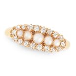 AN ANTIQUE PEARL AND DIAMOND RING, 1900 in 18ct yellow gold, set with a row of five graduated pearls