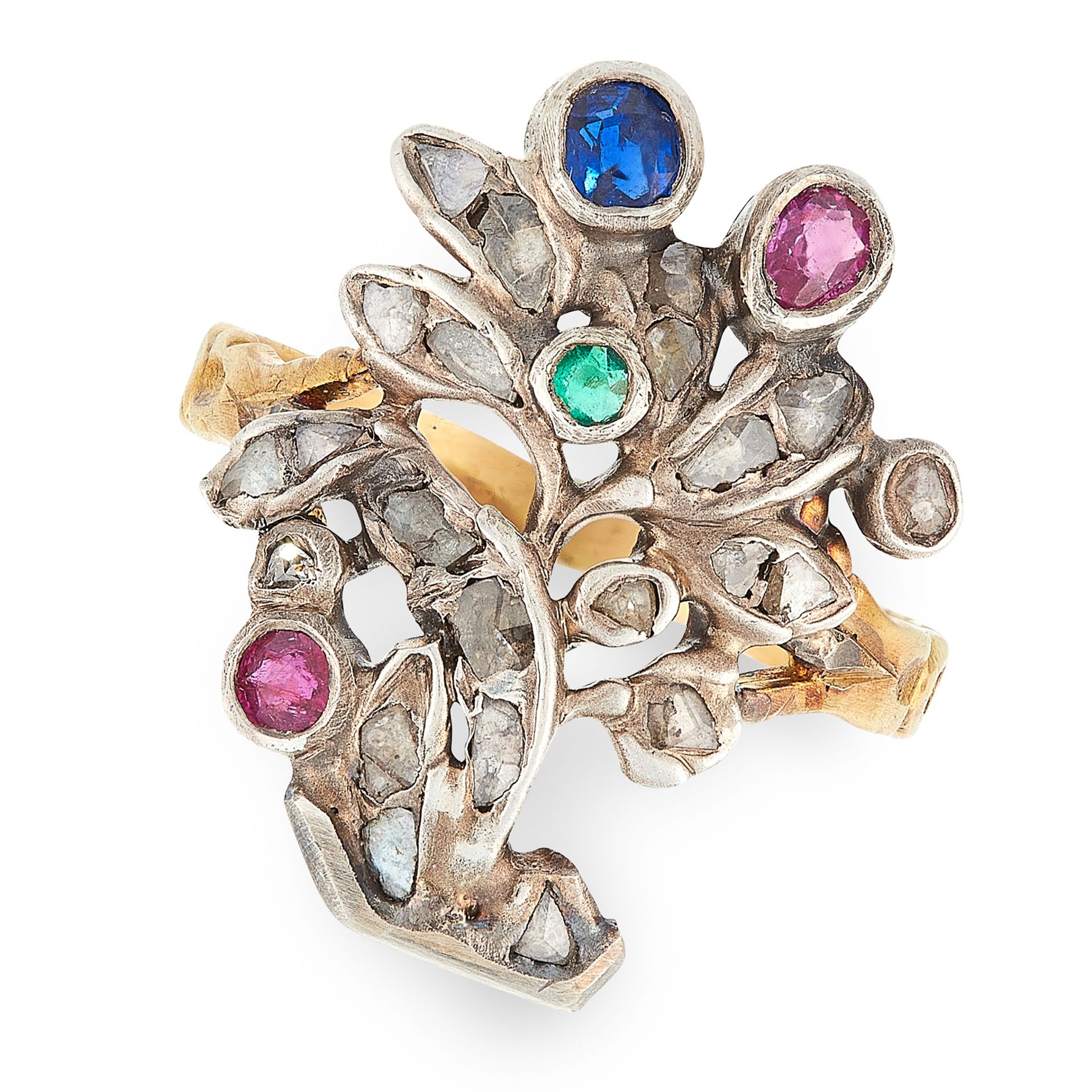 AN ANTIQUE RUBY, EMERALD, SAPPHIRE AND DIAMOND GIARDINETTO RING, 19TH CENTURY in yellow gold and
