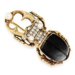 A GARNET, PEARL AND DIAMOND INSECT BROOCH in 18ct yellow gold, designed as a Hercules beetle, its
