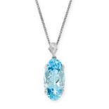 A BLUE ZIRCON AND DIAMOND PENDANT AND CHAIN in platinum, set with an oval cut blue zircon of 8.22