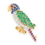 AN EMERALD, RUBY, SAPPHIRE AND DIAMOND BIRD BROOCH in 18ct yellow and white gold, designed as a