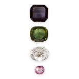 FOUR UNMOUNT COLOURED SAPPHIRES of green, purple, pink and white, totalling 6.13 carats.