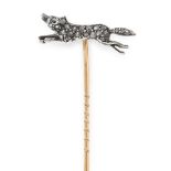 AN ANTIQUE DIAMOND FOX TIE / STICK PIN in yellow gold and silver, the pin surmounted by a fox,