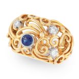 A VINTAGE SAPPHIRE AND DIAMOND DRESS RING in yellow gold, of bombe design, formed of scrolling