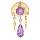 AN ANTIQUE AMETHYST AND PEARL BROOCH, 19TH CENTURY in 18ct yellow gold, set with a central round cut