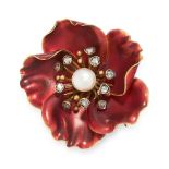 AN ANTIQUE PEARL, DIAMOND AND ENAMEL FLOWER BROOCH in 18ct yellow gold, designed as a flower, set at