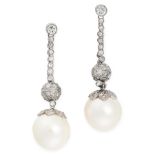 A PAIR OF PEARL AND DIAMOND DROP EARRINGS each set with a pearl of 14.0mm, accented by round cut