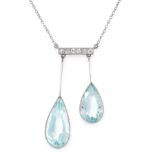 AN AQUAMARINE AND DIAMOND LAVALIER NECKLACE, EARLY 20TH CENTURY formed of a baton set with diamonds,