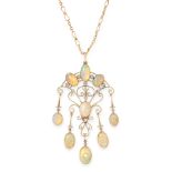 AN ANTIQUE OPAL AND DIAMOND PENDANT AND CHAIN, EARLY 20TH CENTURY in yellow gold and silver, the