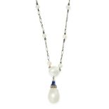 A NATURAL PEARL, DIAMOND AND ENAMEL PENDANT NECKLACE, EARLY 20TH CENTURY set with a drop shaped