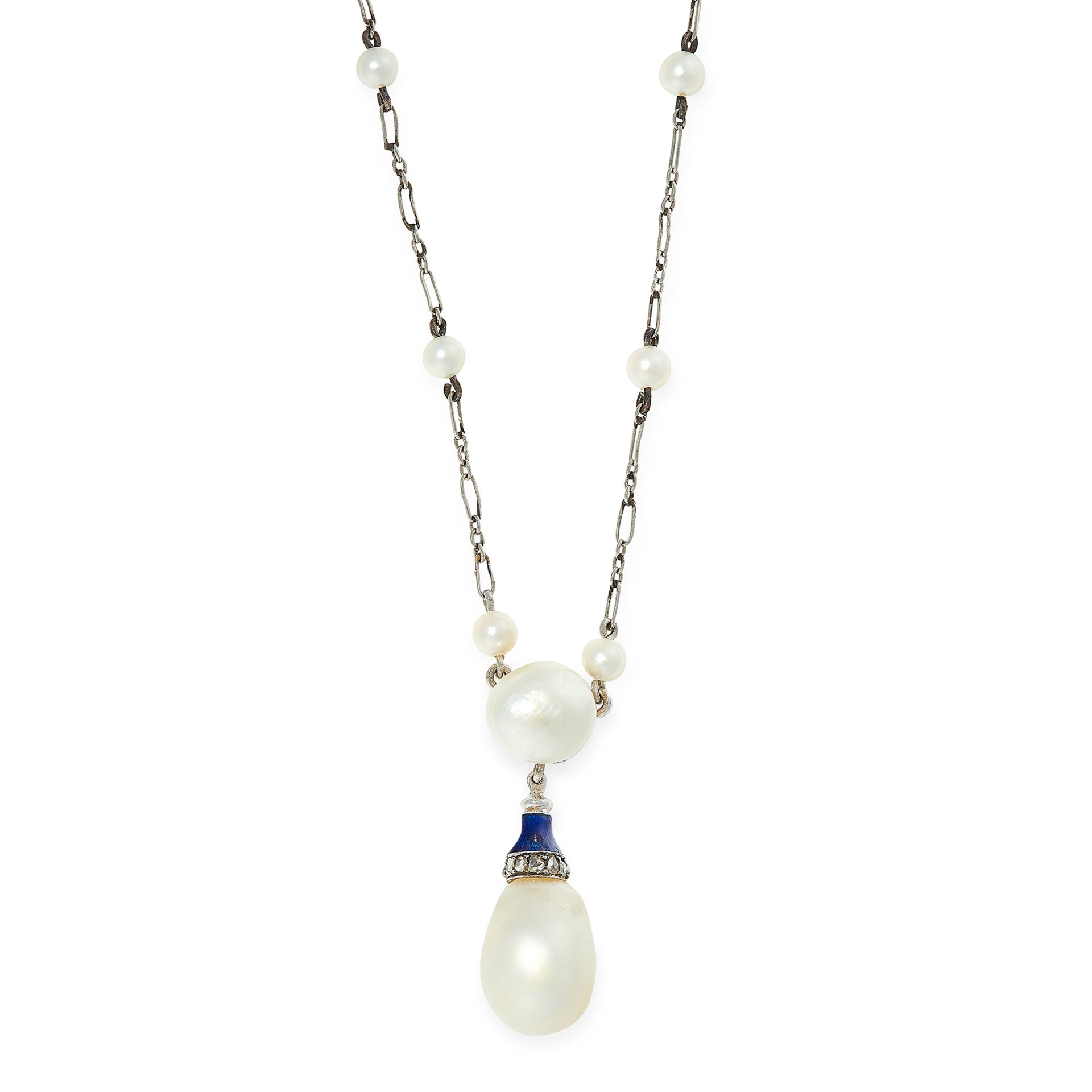 A NATURAL PEARL, DIAMOND AND ENAMEL PENDANT NECKLACE, EARLY 20TH CENTURY set with a drop shaped