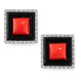 A PAIR OF CORAL, ONYX AND DIAMOND EARRINGS in 18ct white gold, each of square design set with a
