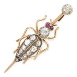 AN ANTIQUE DIAMOND AND RUBY BUG BROOCH, 19TH CENTURY in high carat yellow gold and silver,