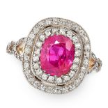 A BURMA NO HEAT RUBY AND DIAMOND RING in 18ct yellow gold, set with a cushion cut ruby of 2.85